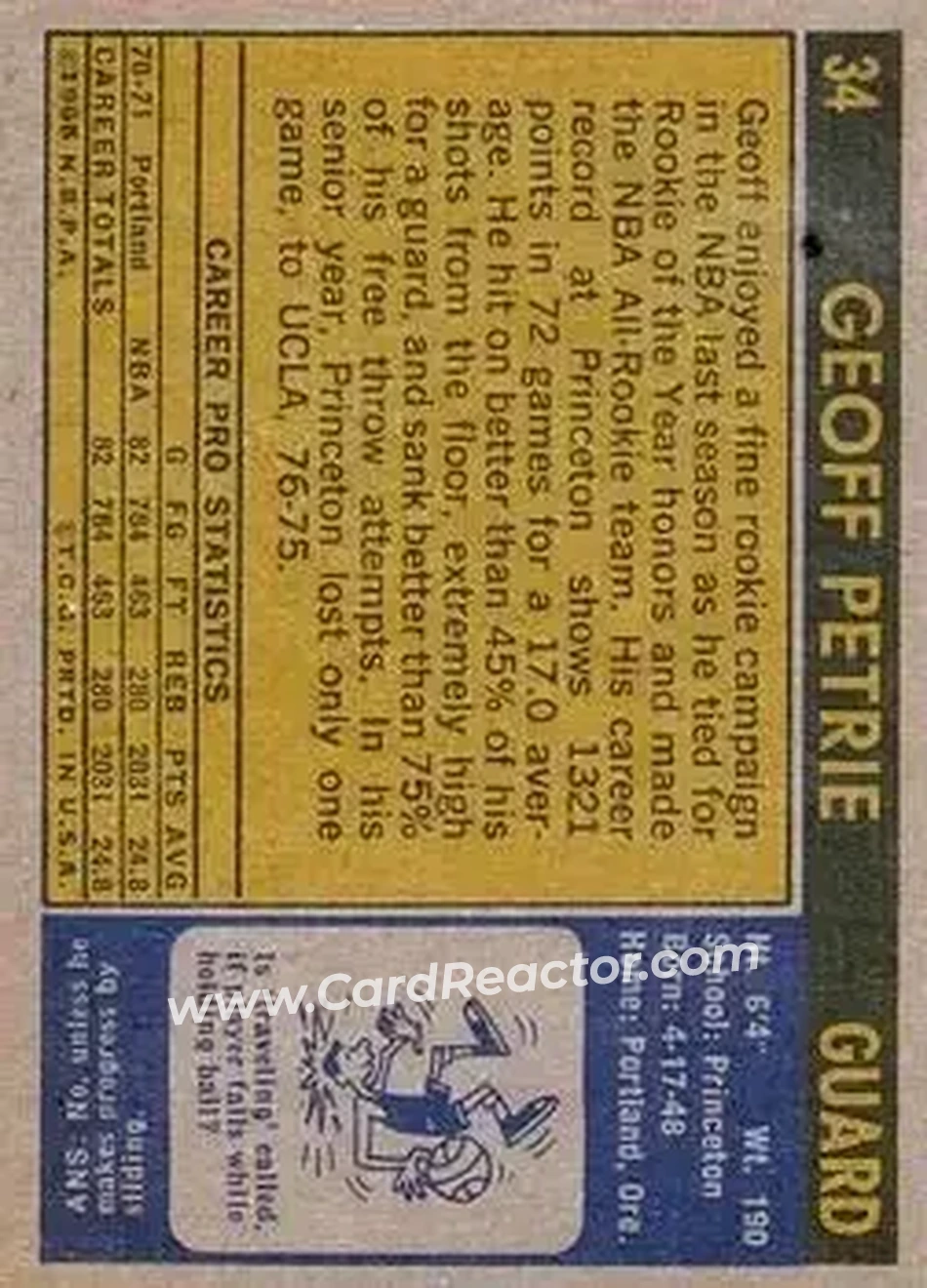 1971-72 Topps #34 - Geoff Petrie - Portland Trail Blazers - Back