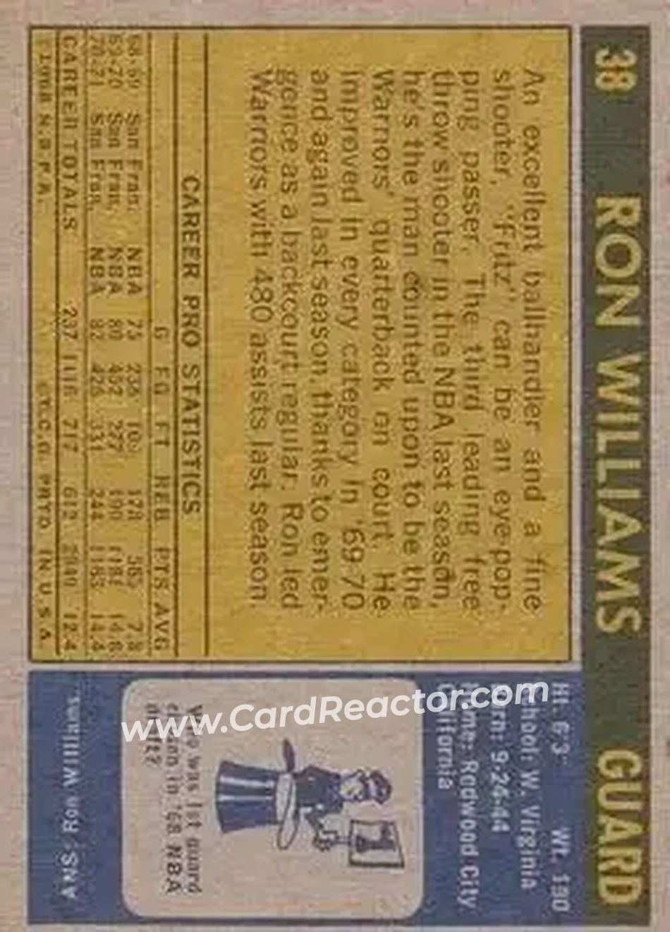 1971-72 Topps #38 - Ron Williams - San Francisco Warriors - Back 1971-72 Topps #38 - Ron Williams - San Francisco Warriors - Back