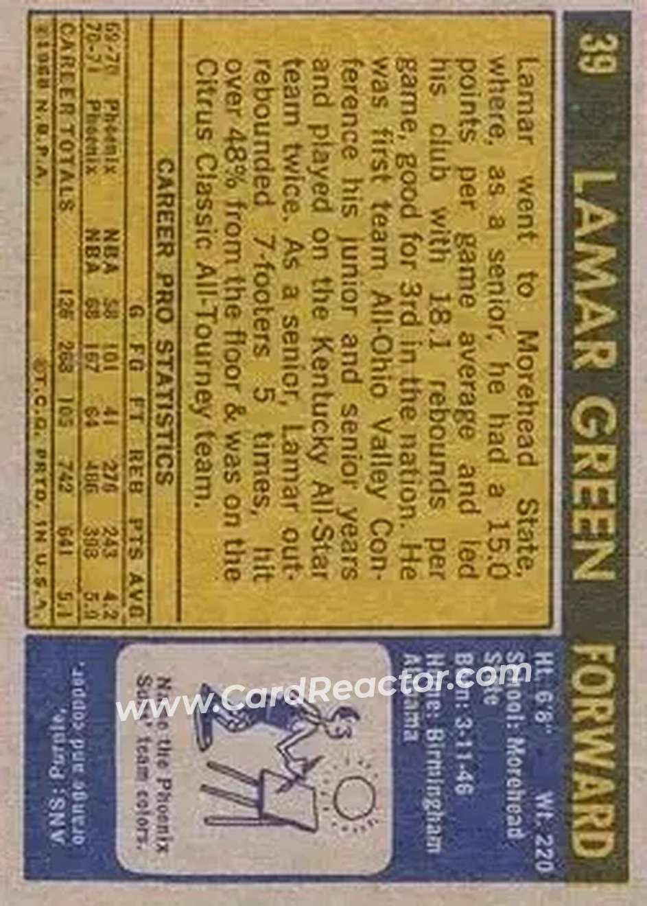 1971-72 Topps #39 - Lamar Green - Phoenix Suns - Back