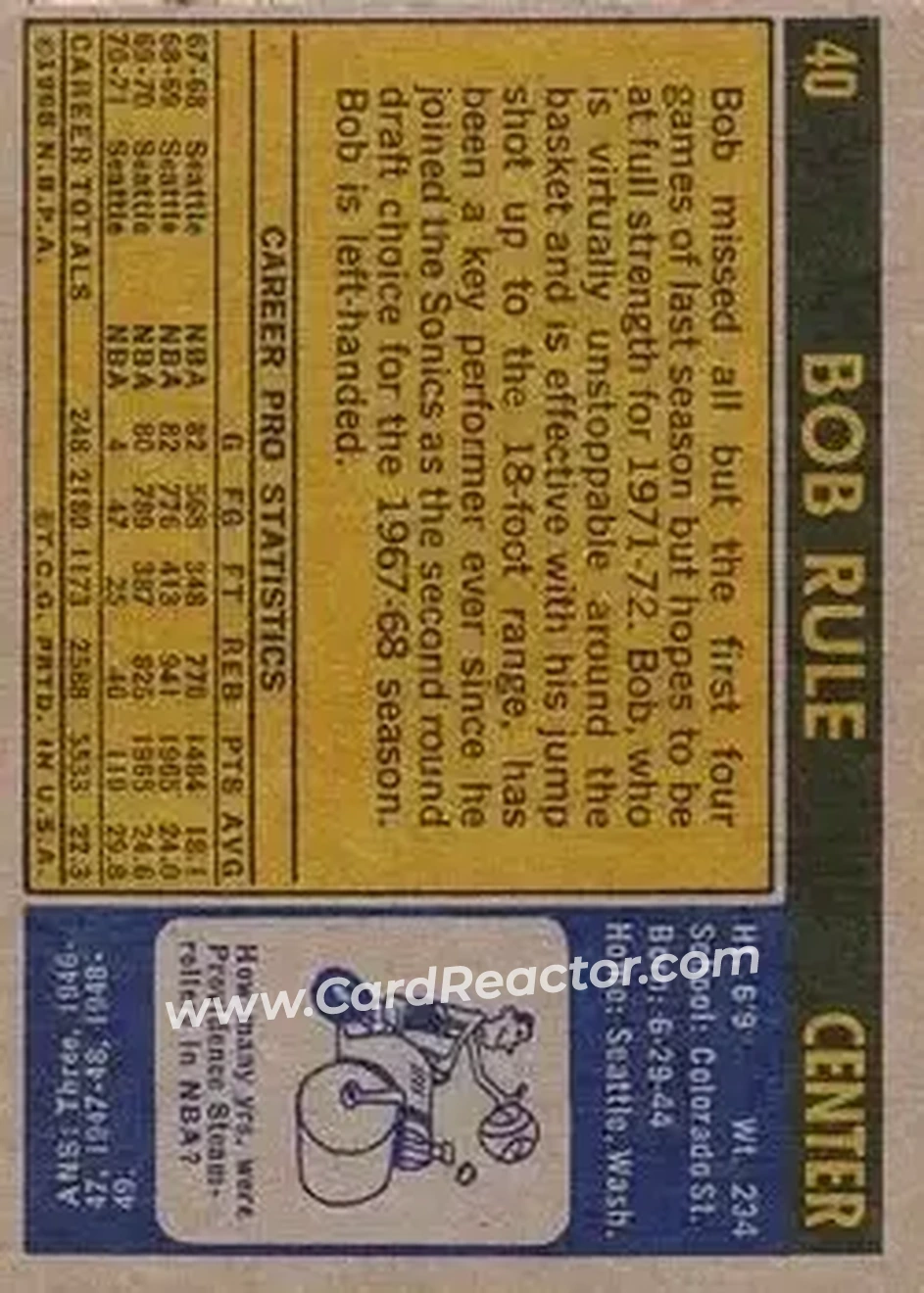 1971-72 Topps #40 - Bob Rule - Seattle SuperSonics - Back 1971-72 Topps #40 - Bob Rule - Seattle SuperSonics - Back