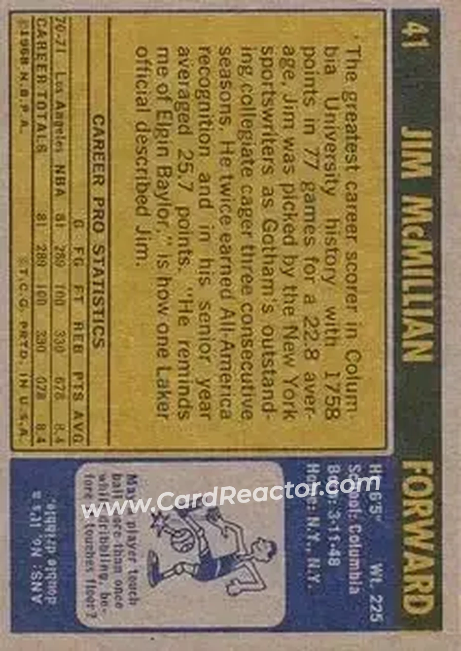 1971-72 Topps #41 - Jim McMillian - Los Angeles Lakers - Back