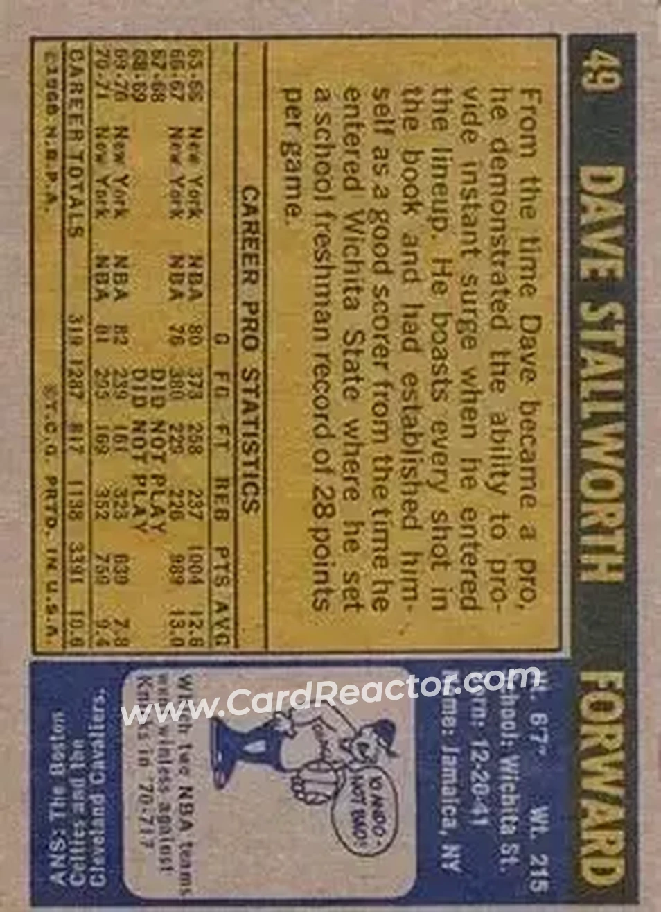 1971-72 Topps #49 - Dave Stallworth - New York Knicks - Back
