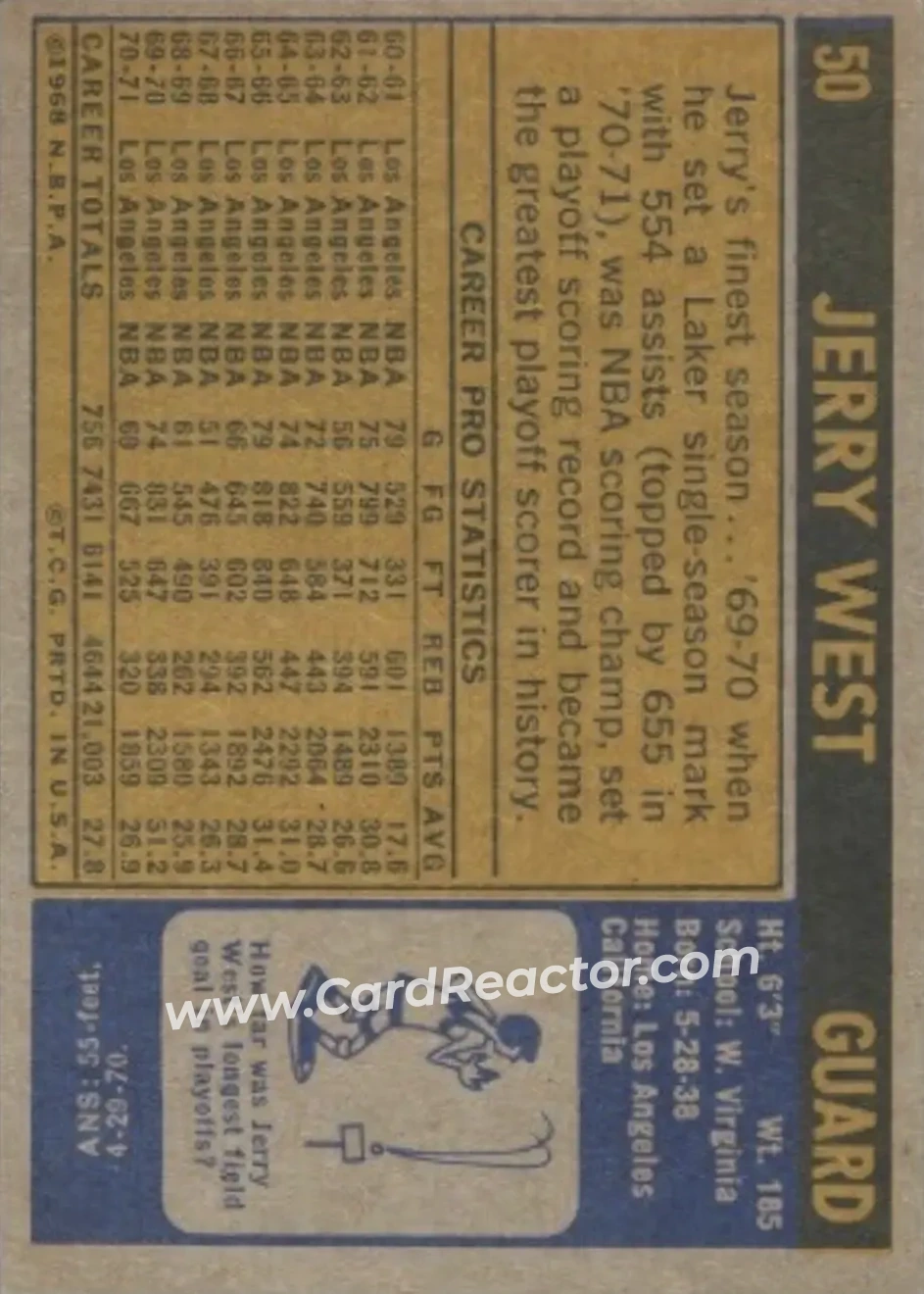 1971-72 Topps #50 - Jerry West - Los Angeles Lakers - Back