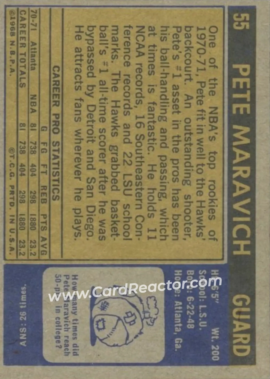 1971-72 Topps #55 - Pete Maravich - Atlanta Hawks - Back
