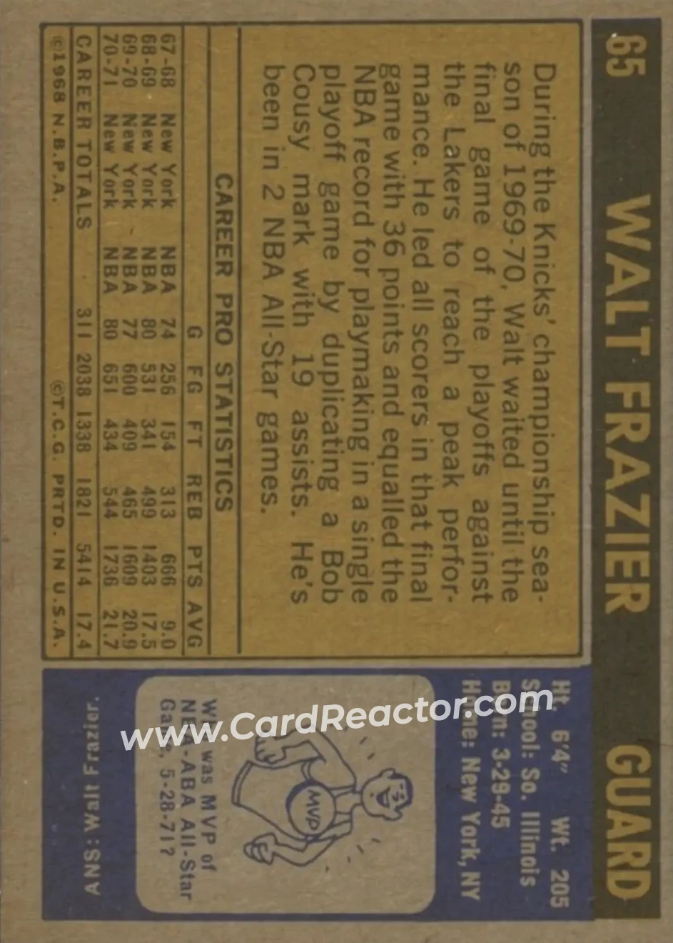 1971-72 Topps #65 - Walt Frazier - New York Knicks - Back