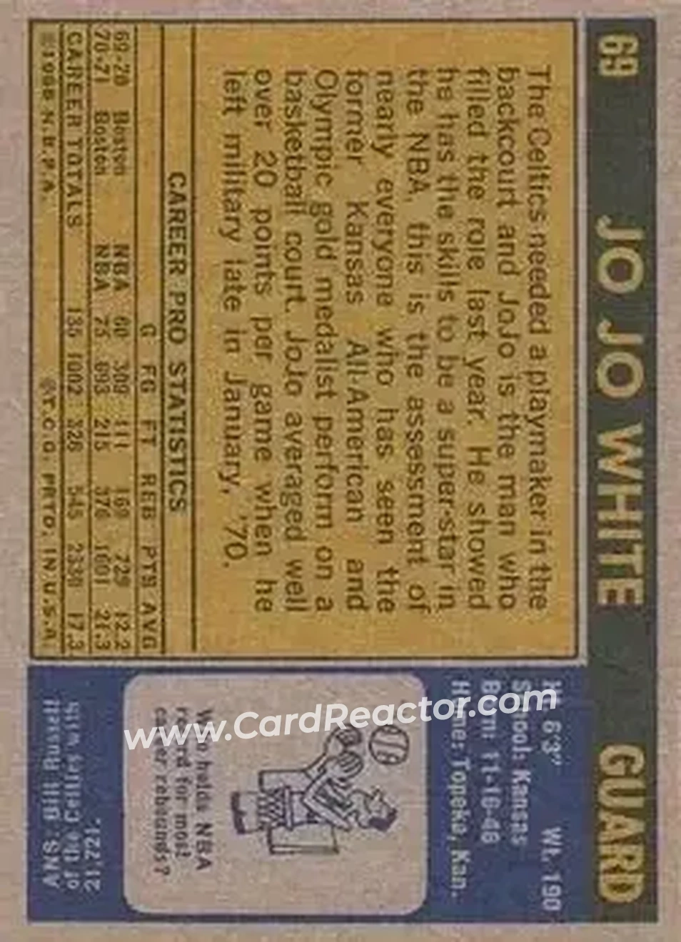1971-72 Topps #69 - Jo Jo White - Boston Celtics - Back