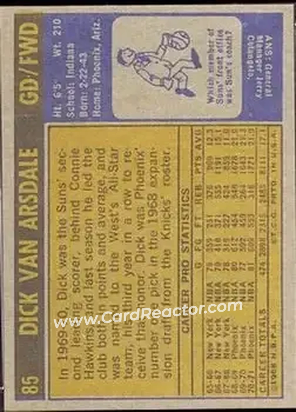 1971-72 Topps #85 - Dick Van Arsdale - Phoenix Suns - Back