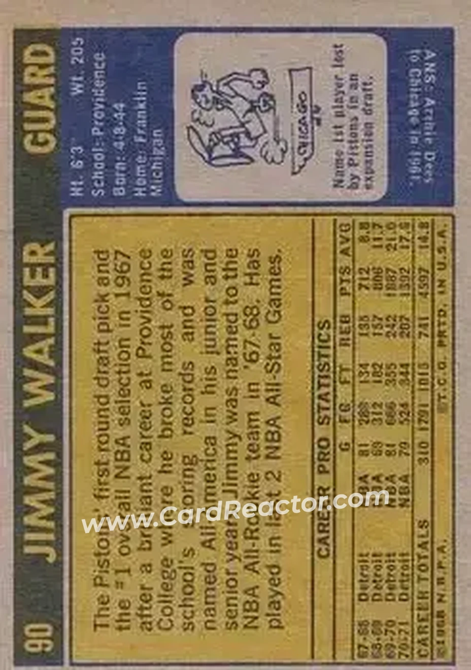 1971-72 Topps #90 - Jimmy Walker - Detroit Pistons - Back