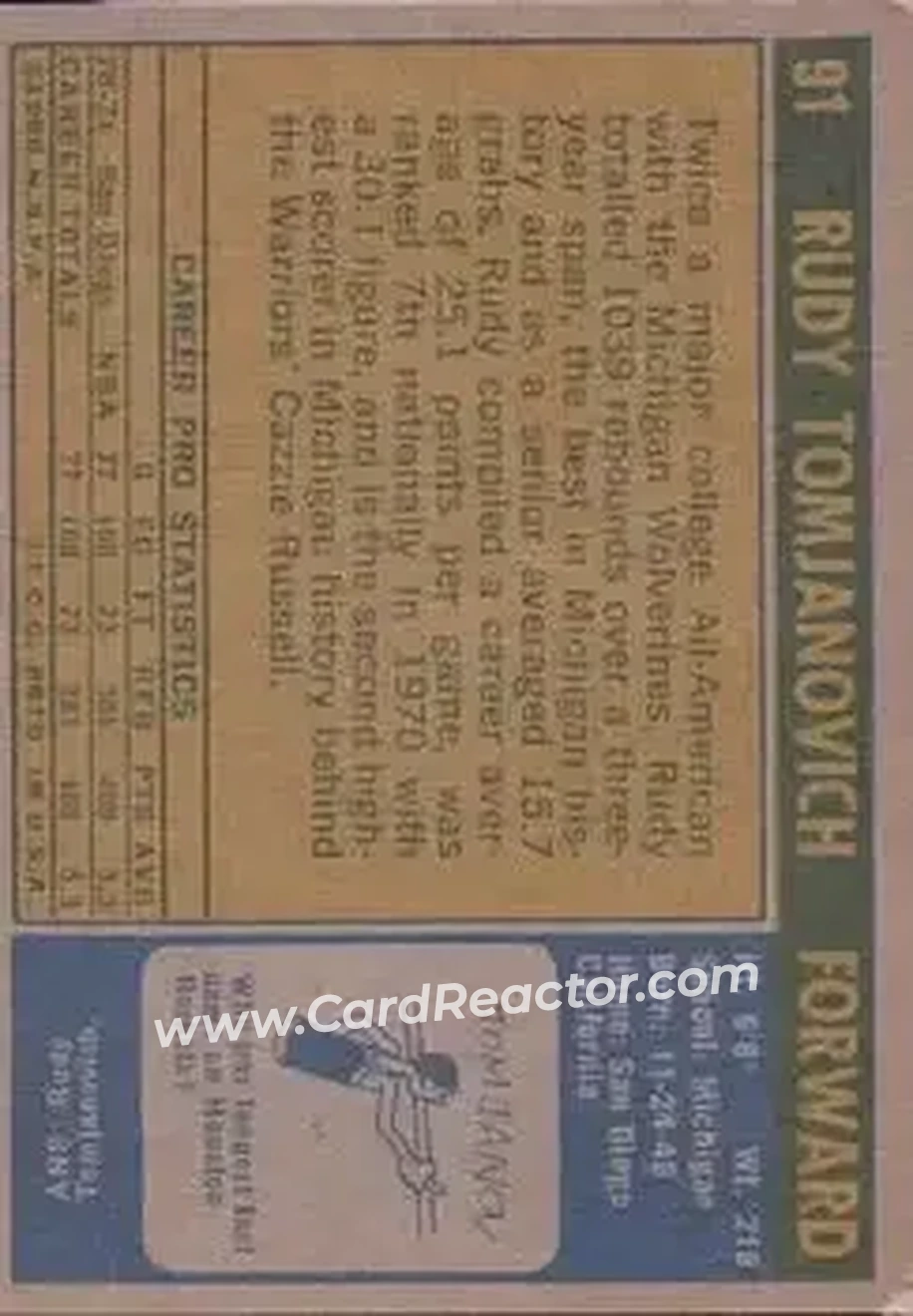 1971-72 Topps #91 - Rudy Tomjanovich - Houston Rockets - Back