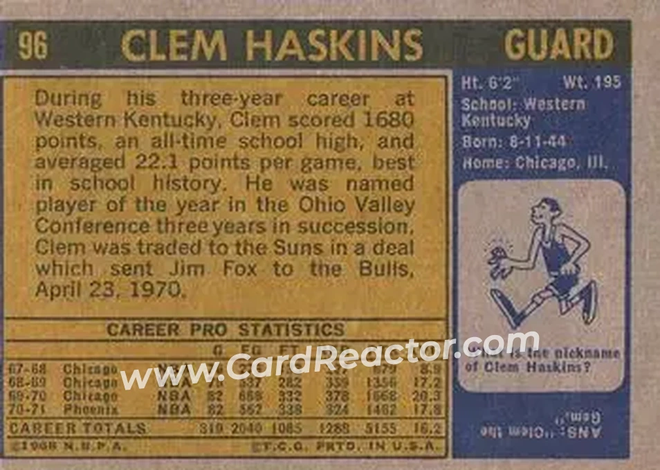 1971-72 Topps #96 - Clem Haskins - Phoenix Suns - Back