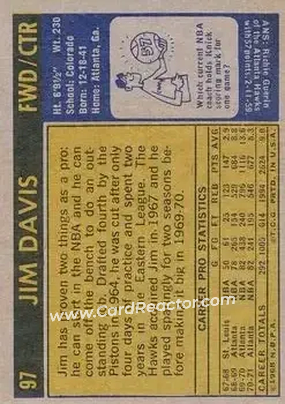 1971-72 Topps #97 - Jim Davis - Atlanta Hawks - Back