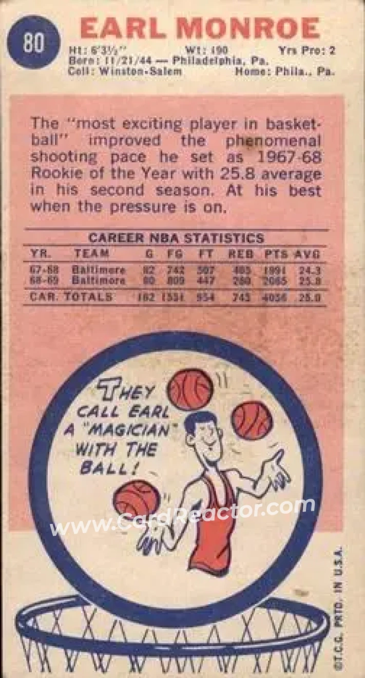 1969-70 Topps #80 - Earl Monroe - Baltimore Bullets - Back