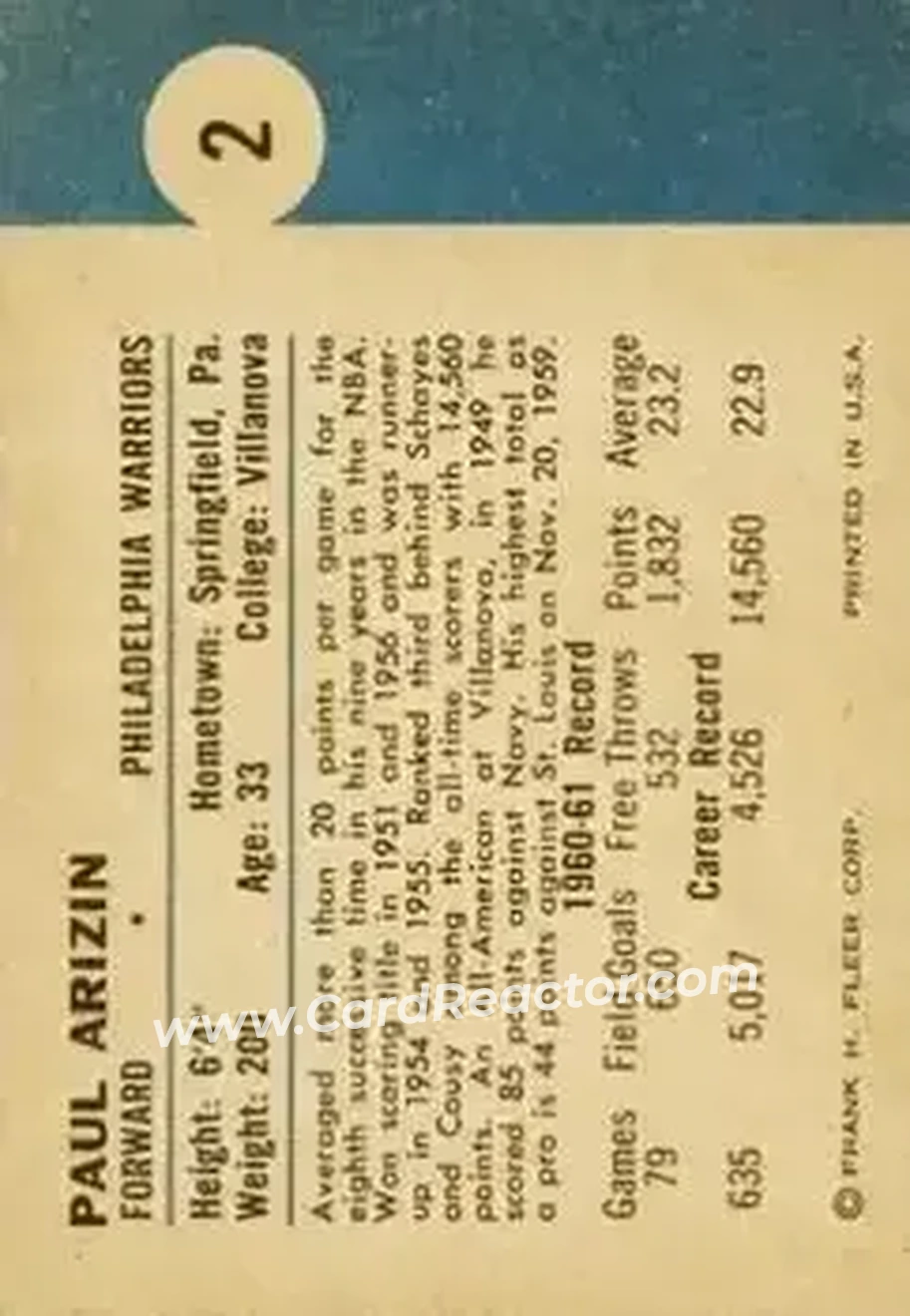 1961-62 Fleer #2 - Paul Arizin - Philadelphia Warriors - Back