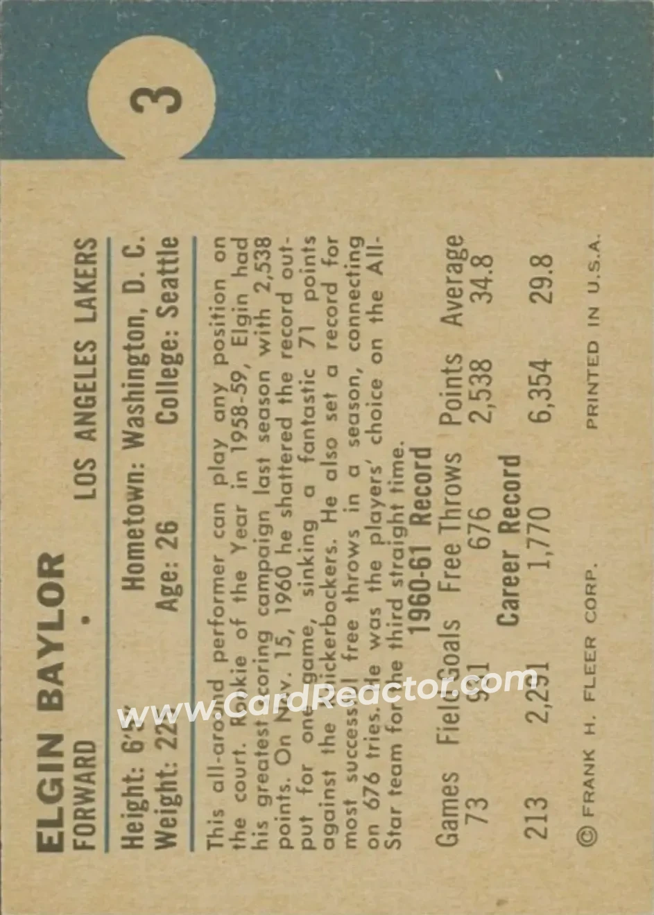 1961-62 Fleer #3 - Elgin Baylor - Los Angeles Lakers - Back