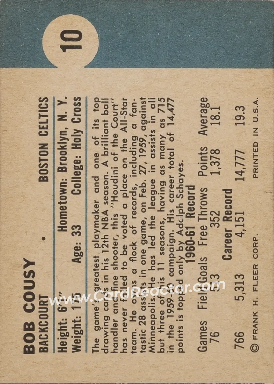 1961-62 Fleer #10 - Bob Cousy - Boston Celtics - Back