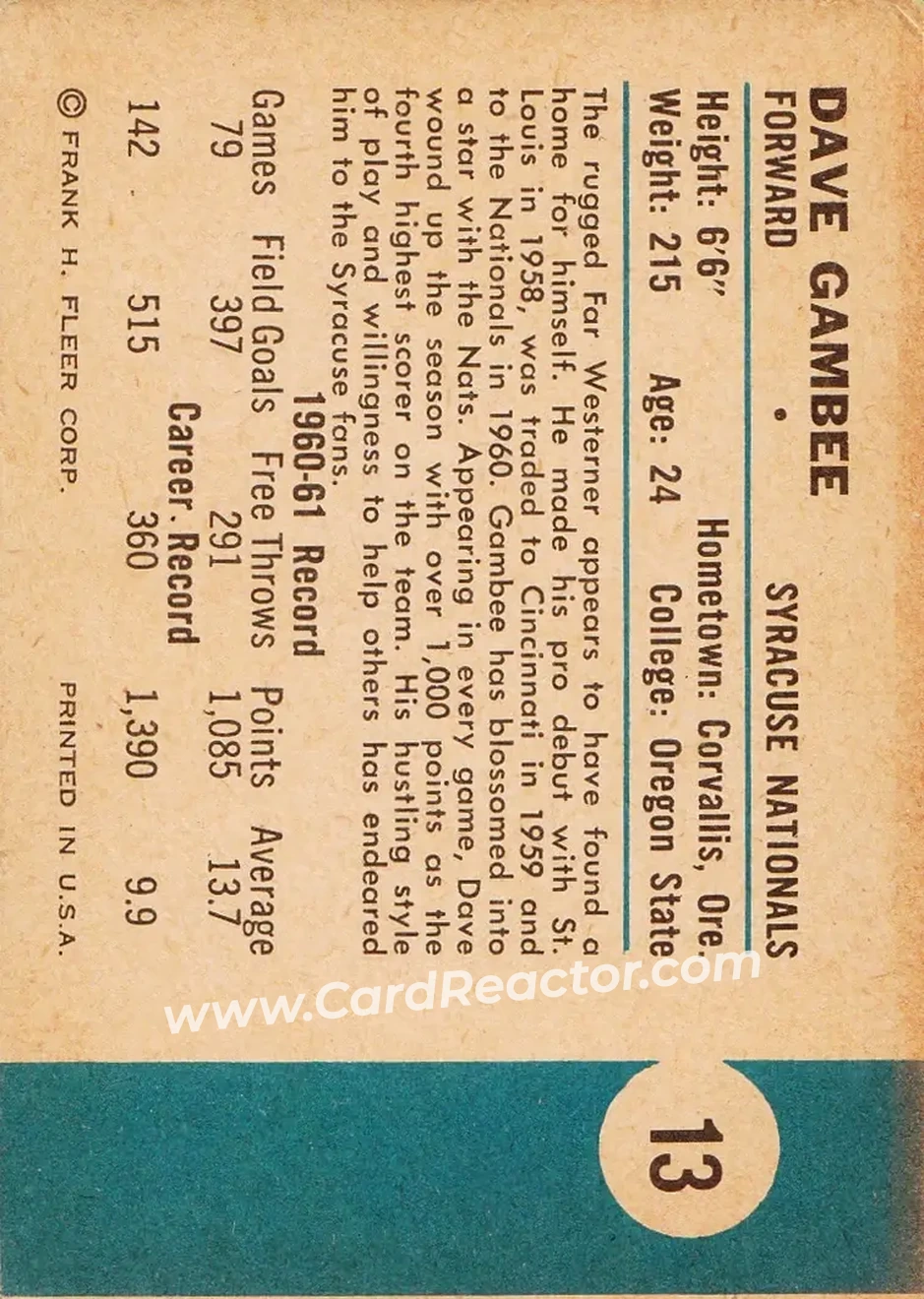 1961-62 Fleer #13 - Dave Gambee - Syracuse Nationals - Back
