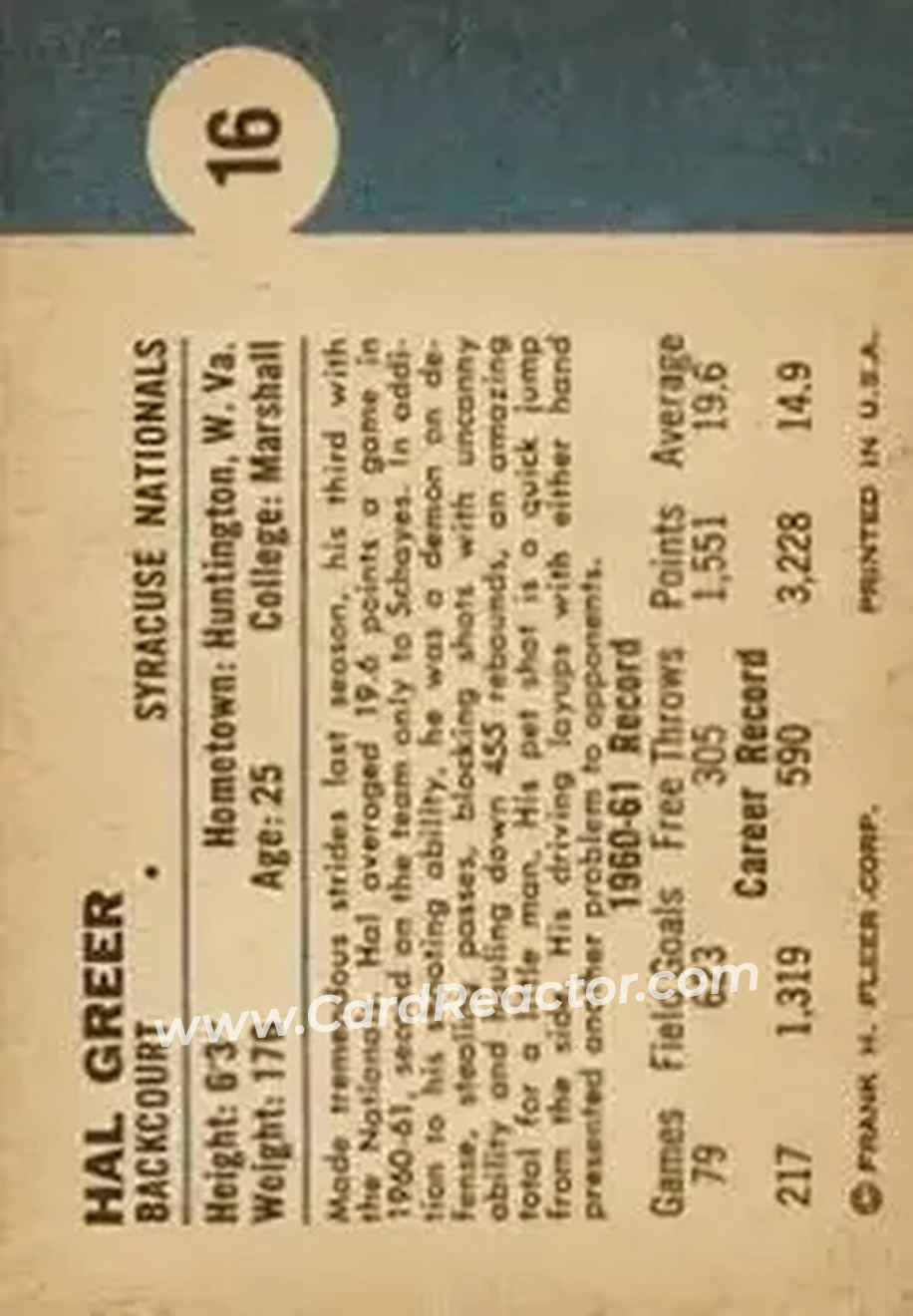 1961-62 Fleer #16 - Hal Greer - Syracuse Nationals - Back