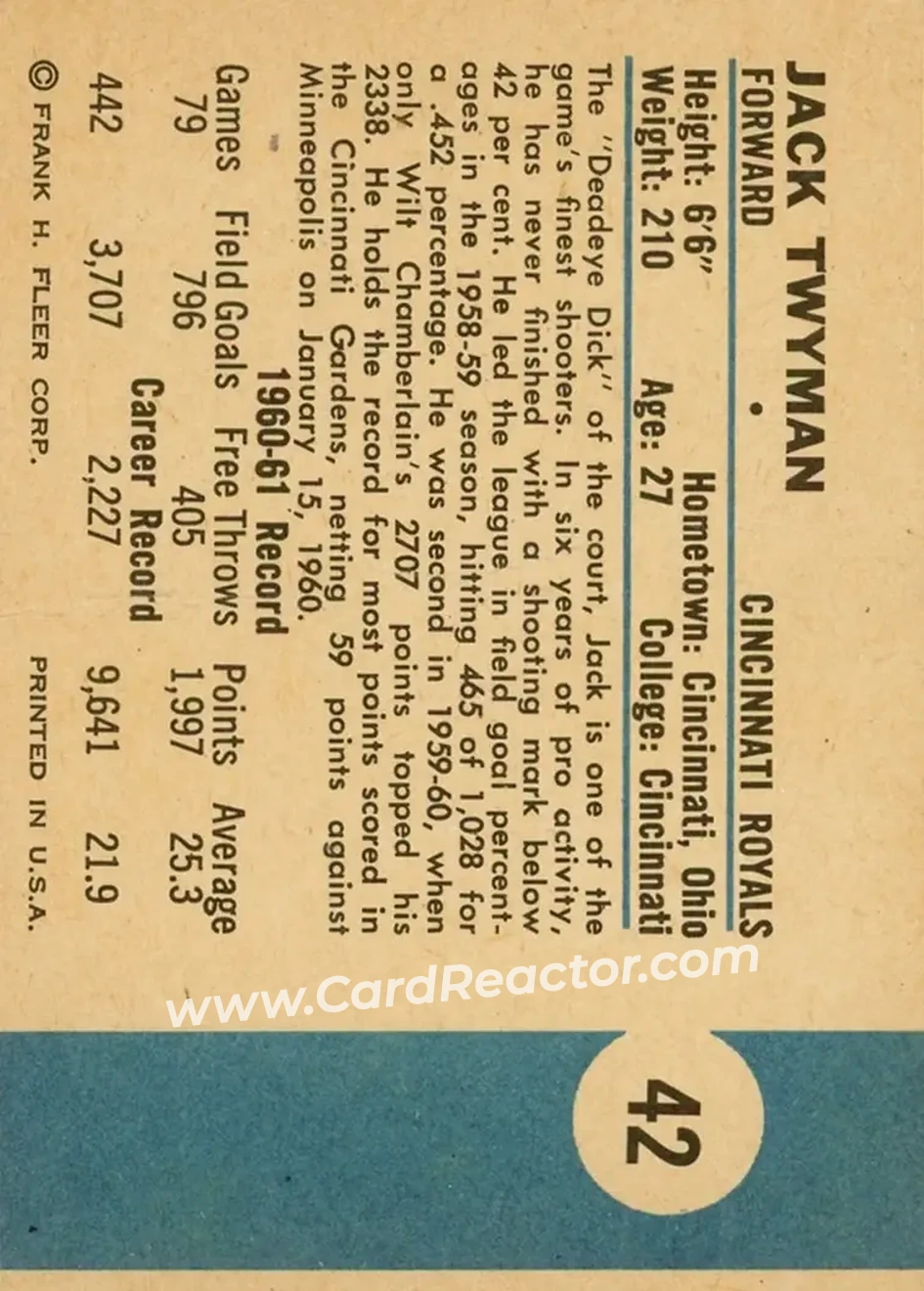 1961-62 Fleer #42 - Jack Twyman - Cincinnati Royals - Back