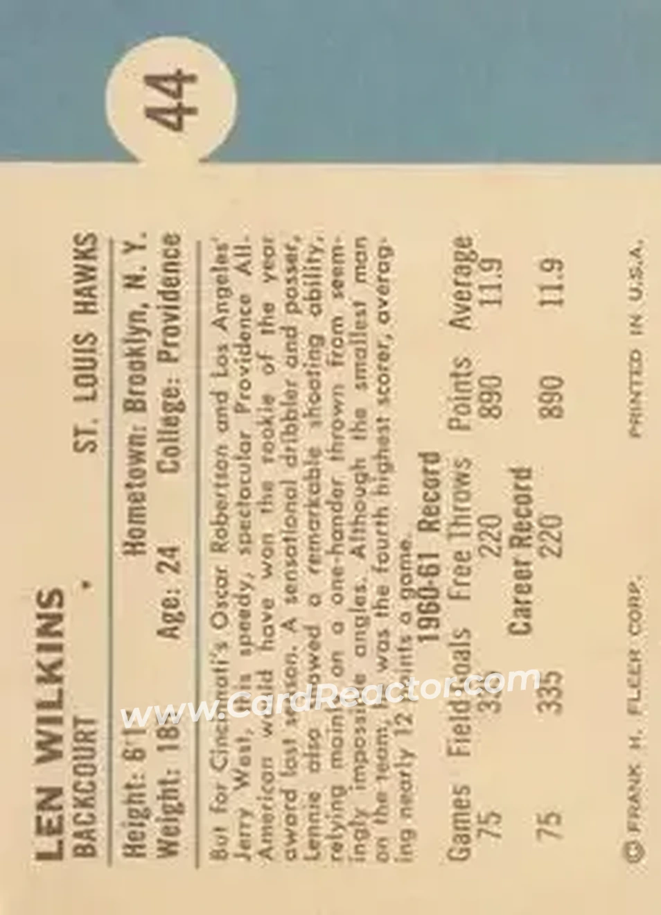 1961-62 Fleer #44 - Lenny Wilkens - St. Louis Hawks - Back