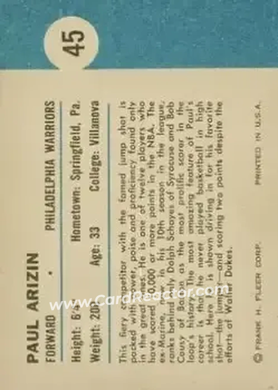 1961-62 Fleer #45 - Paul Arizin - Philadelphia Warriors - Back