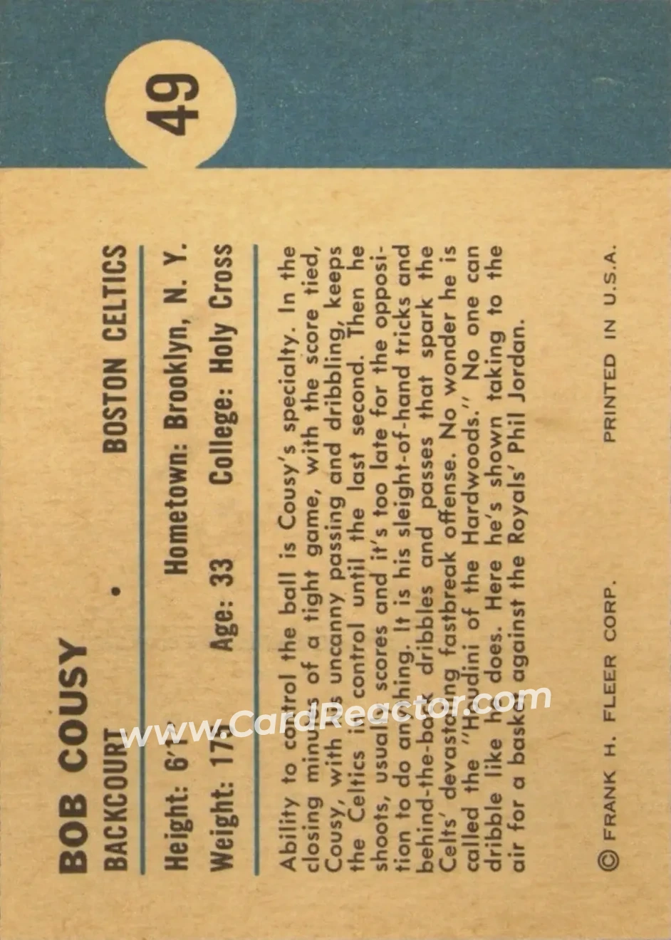 1961-62 Fleer #49 - Bob Cousy - Boston Celtics - Back