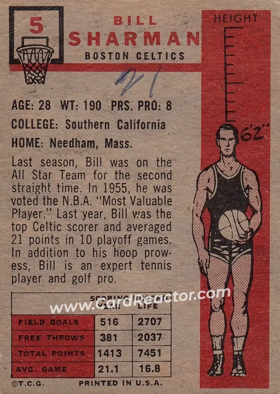 1957-58 Topps #5 - Bill Sharman - Boston Celtics - Back