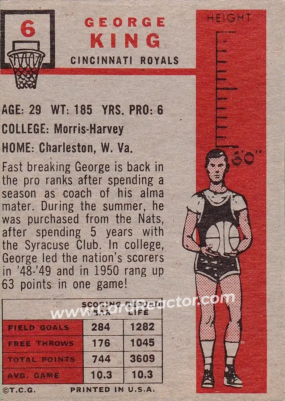 1957-58 Topps #6 - George King - Cincinnati Royals - Back