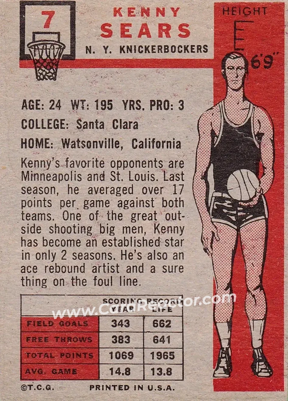 1957-58 Topps #7 - Kenny Sears - New York Knicks - Back