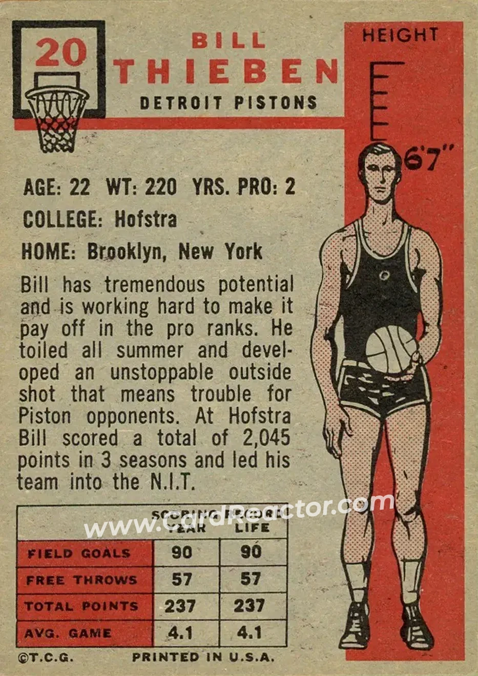 1957-58 Topps #20 - Bill Thieben - Detroit Pistons - Back