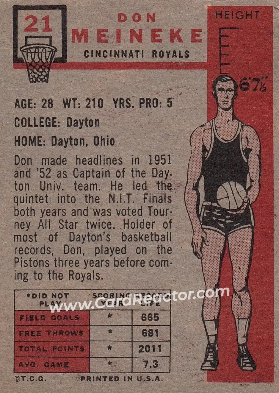 1957-58 Topps #21 - Don Meineke - Cincinnati Royals - Back