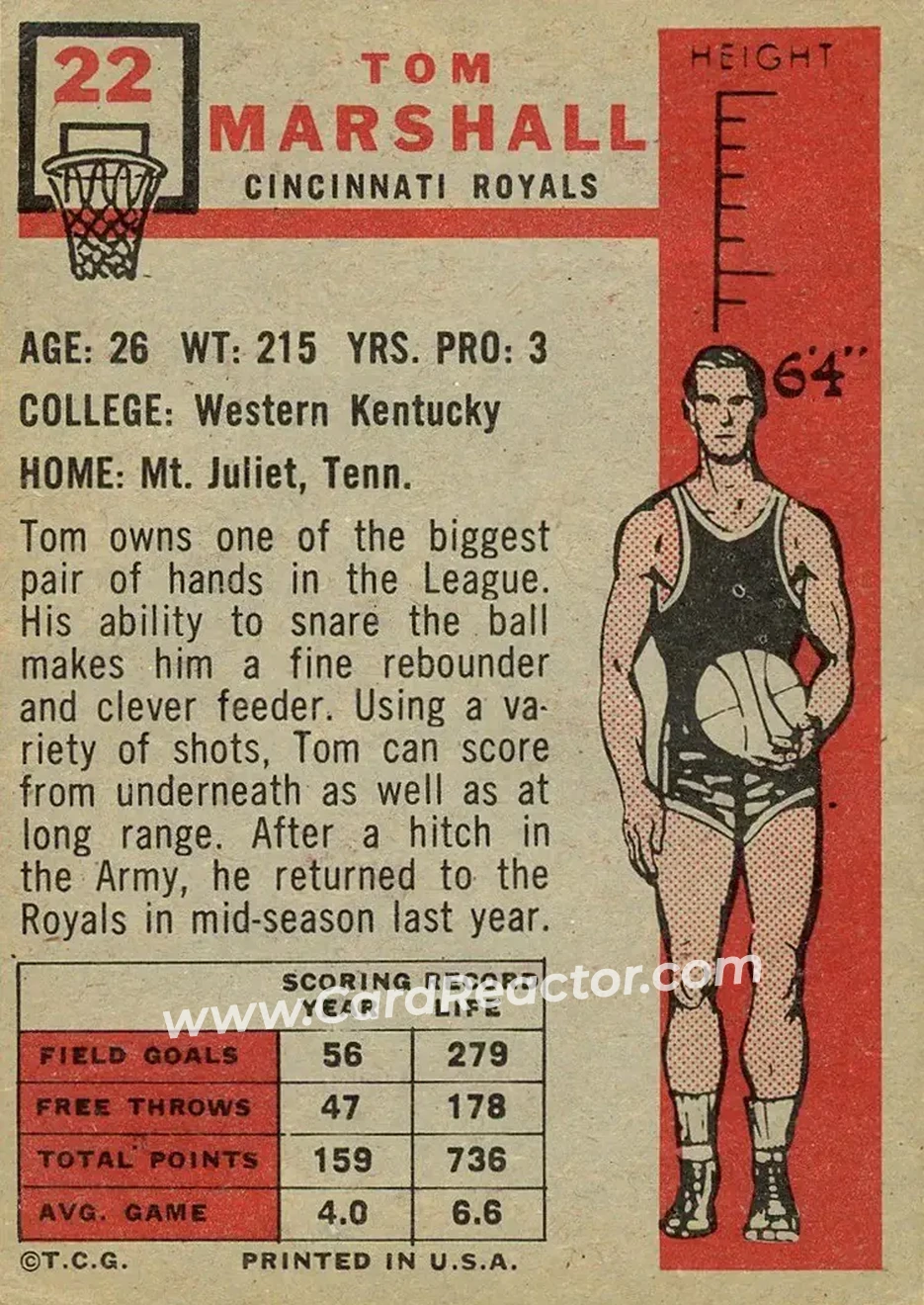 1957-58 Topps #22 - Tom Marshall - Cincinnati Royals - Back
