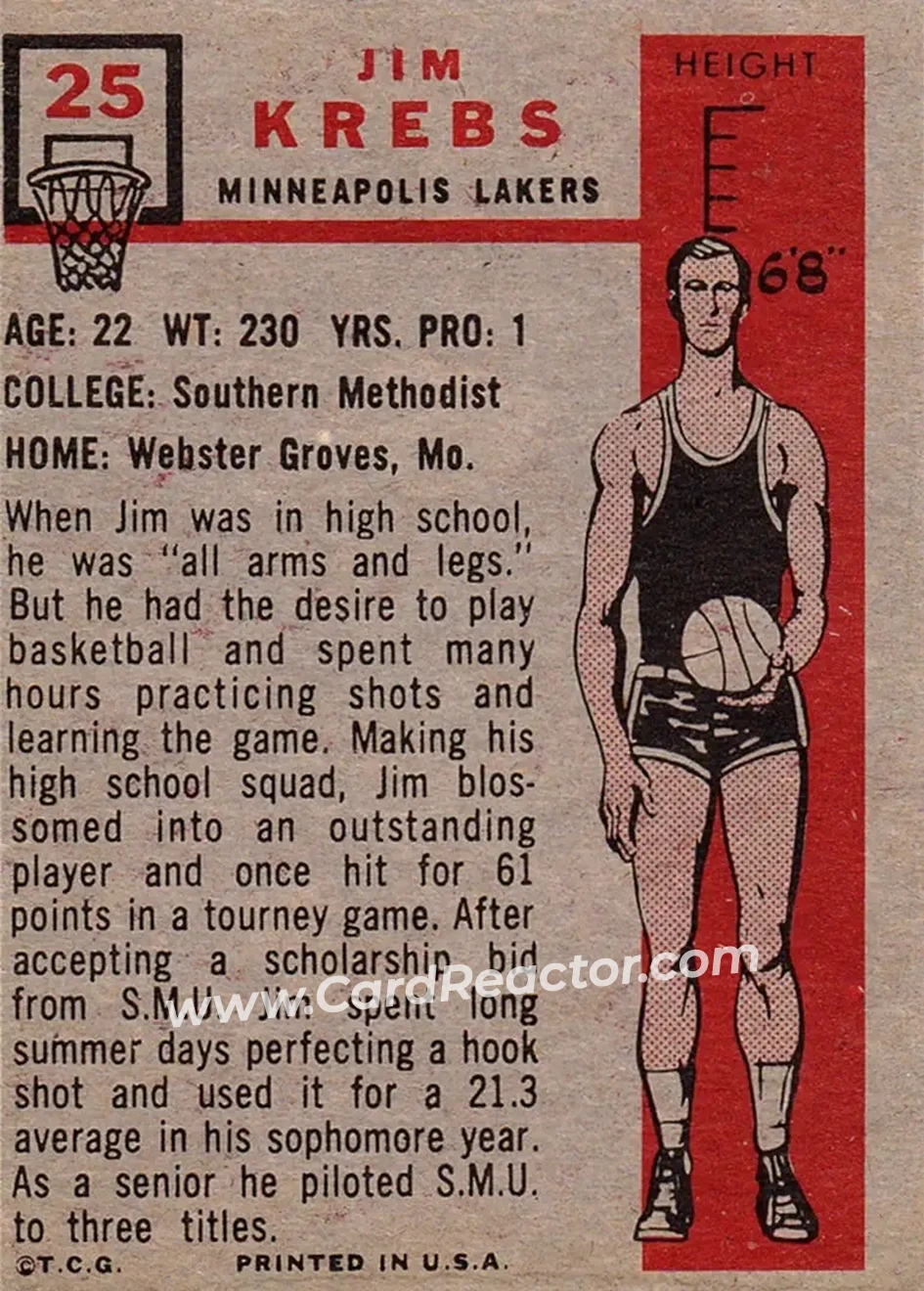 1957-58 Topps #25 - Jim Krebs - Minneapolis Lakers - Back