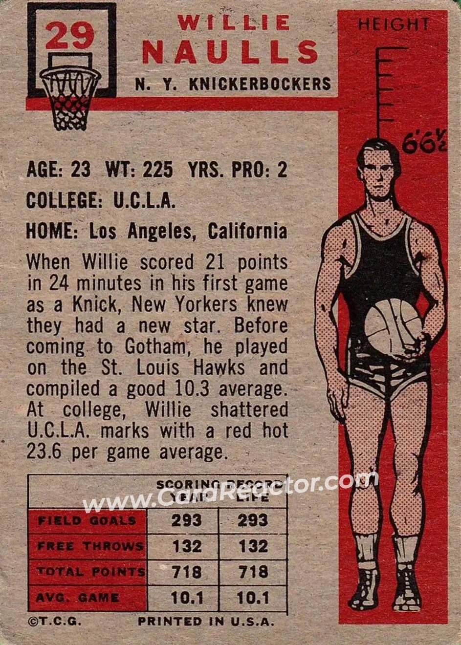 1957-58 Topps #29 - Willie Naulls - New York Knicks - Back