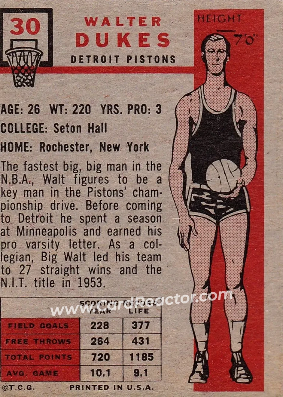 1957-58 Topps #30 - Walter Dukes - Detroit Pistons - Back