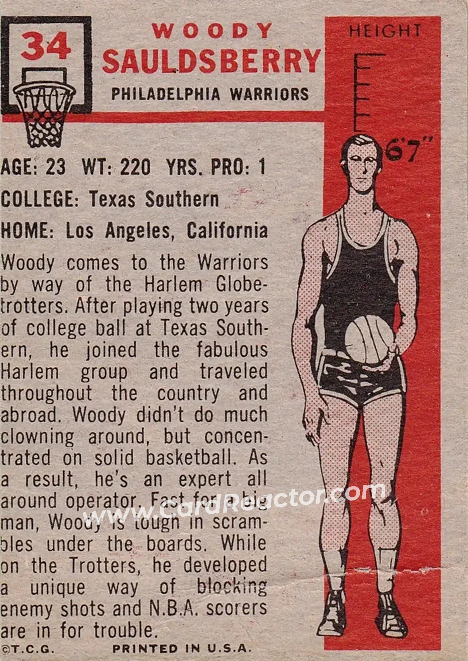 1957-58 Topps #34 - Woody Sauldsberry - Philadelphia Warriors - Back