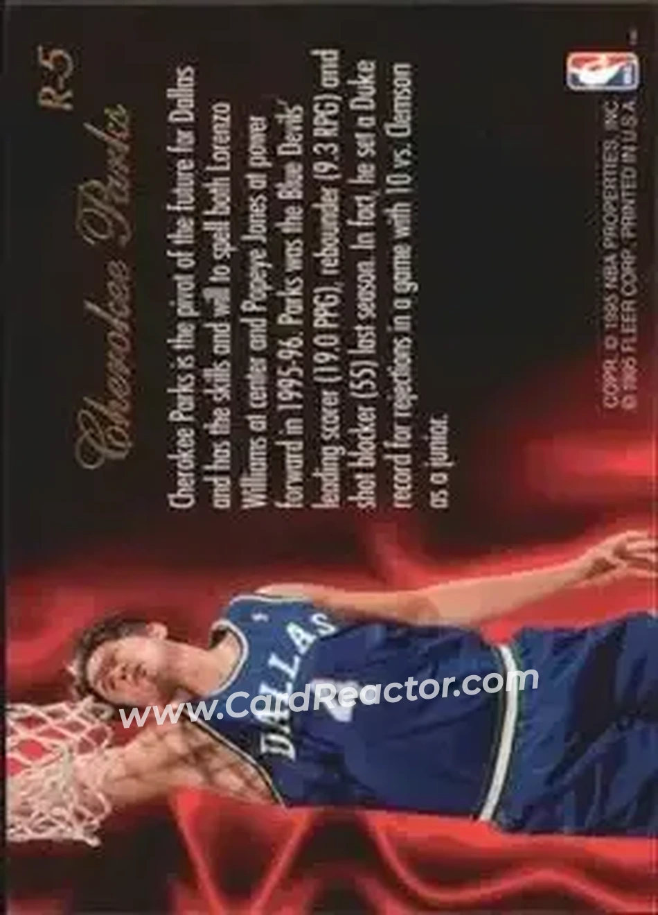 1995-96 Flair - Class of '95 #R-5 - Cherokee Parks - Dallas Mavericks - Back