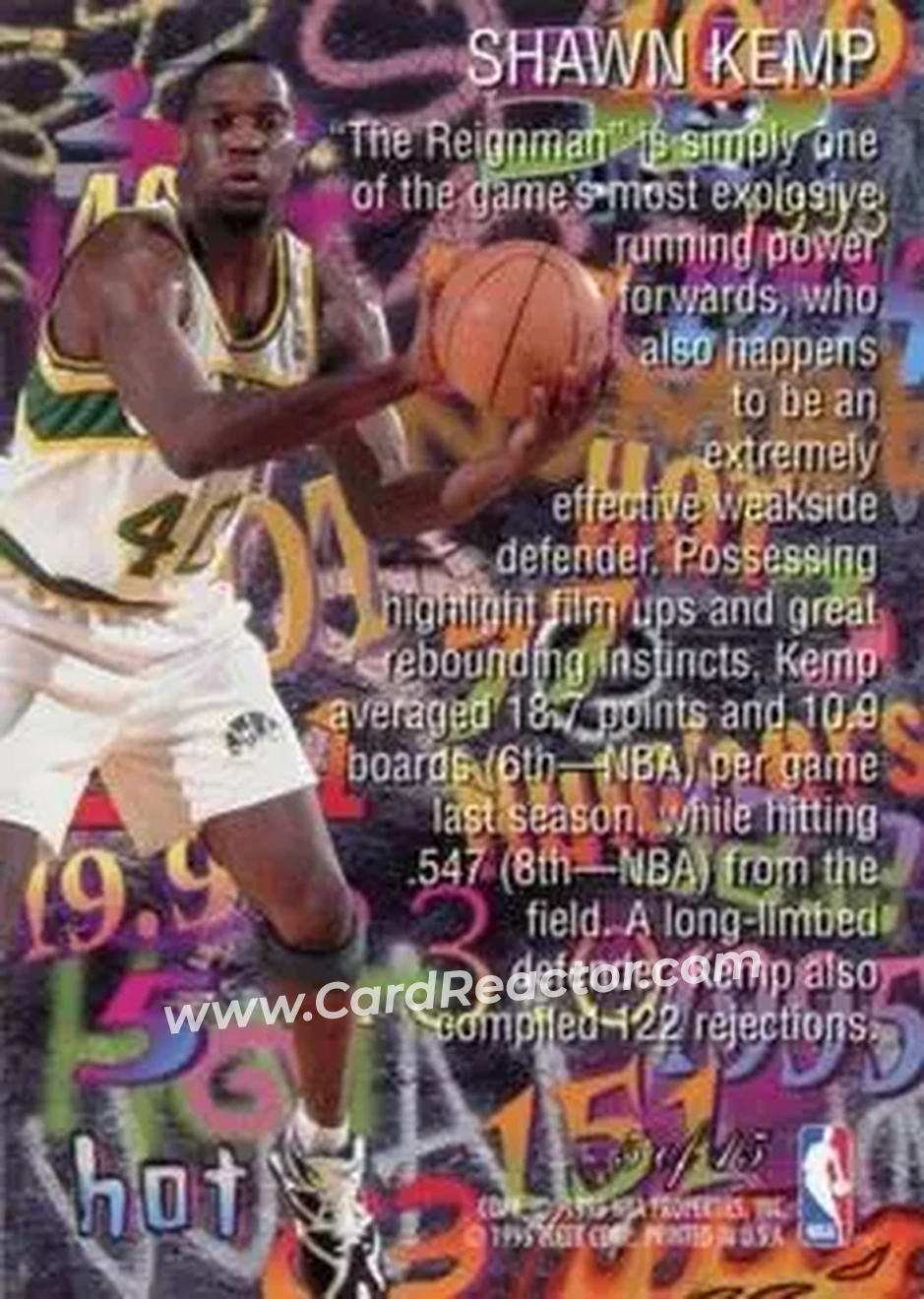 1995-96 Flair - Hot Numbers #5 - Shawn Kemp - Seattle SuperSonics - Back