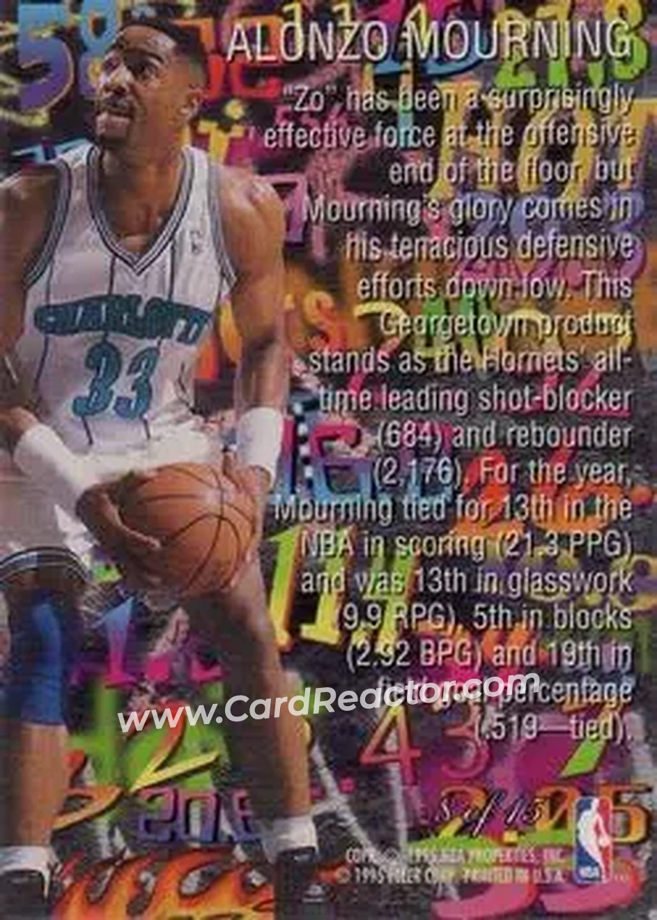1995-96 Flair - Hot Numbers #8 - Alonzo Mourning - Charlotte Hornets - Back