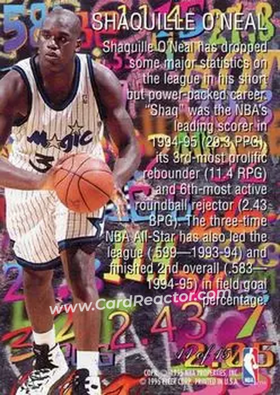 1995-96 Flair - Hot Numbers #11 - Shaquille O'Neal - Orlando Magic - Back