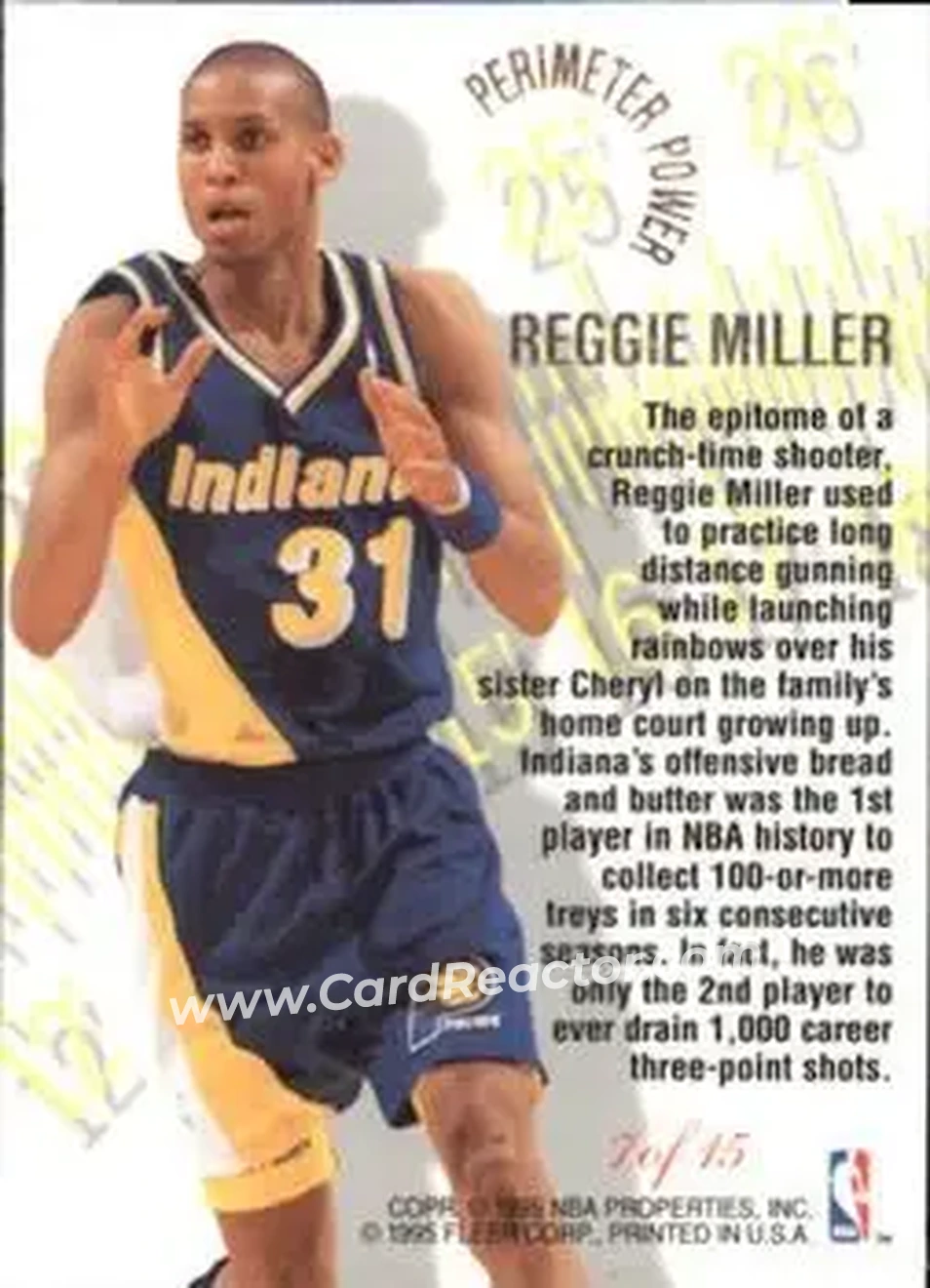 1995-96 Flair - Perimeter Power #7 - Reggie Miller - Indiana Pacers - Back