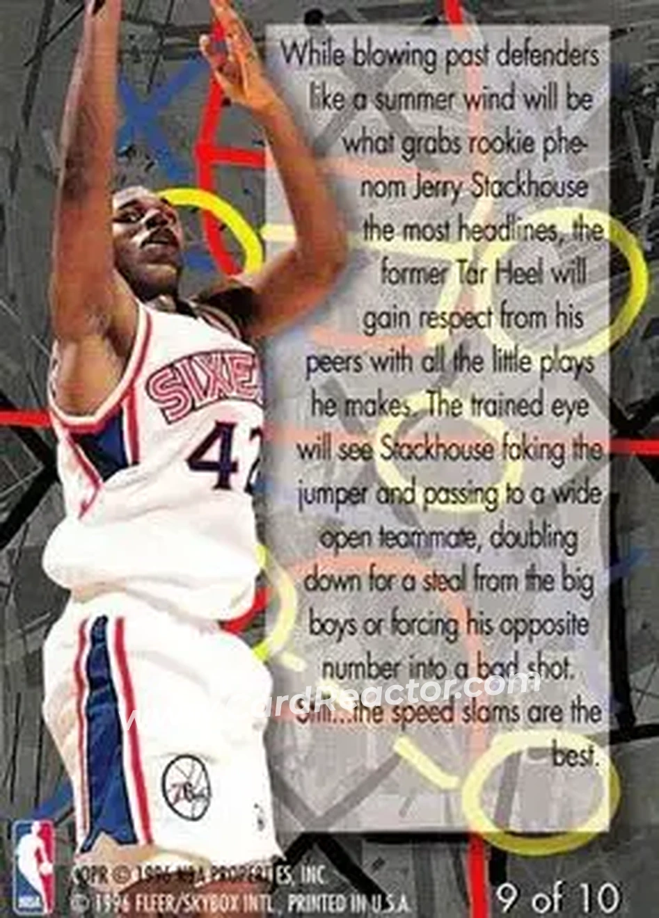 1995-96 Flair - Play Makers #9 - Jerry Stackhouse - Philadelphia 76ers - Back