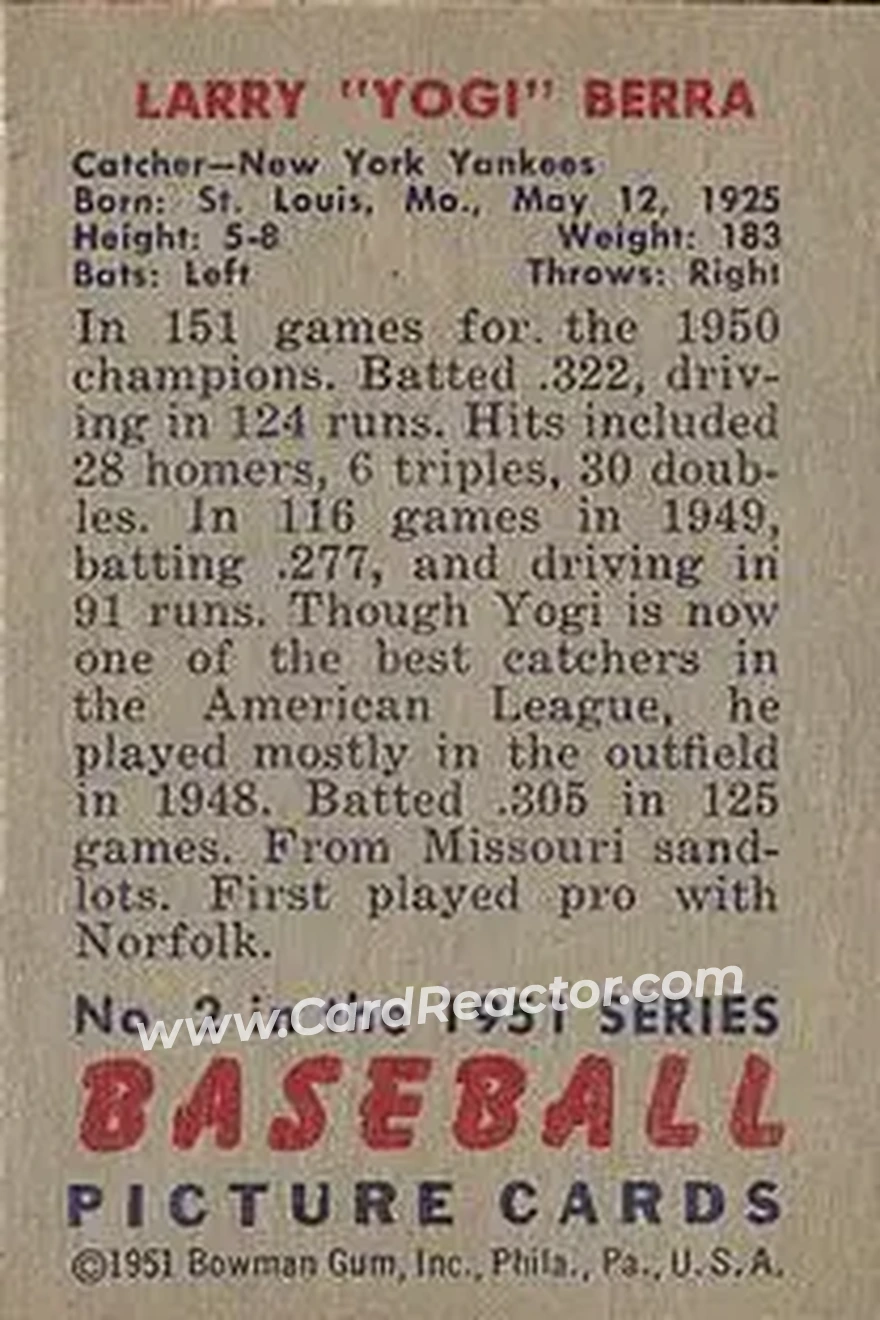1951 Bowman #2 - Larry "Yogi" Berra - New York Yankees - Back