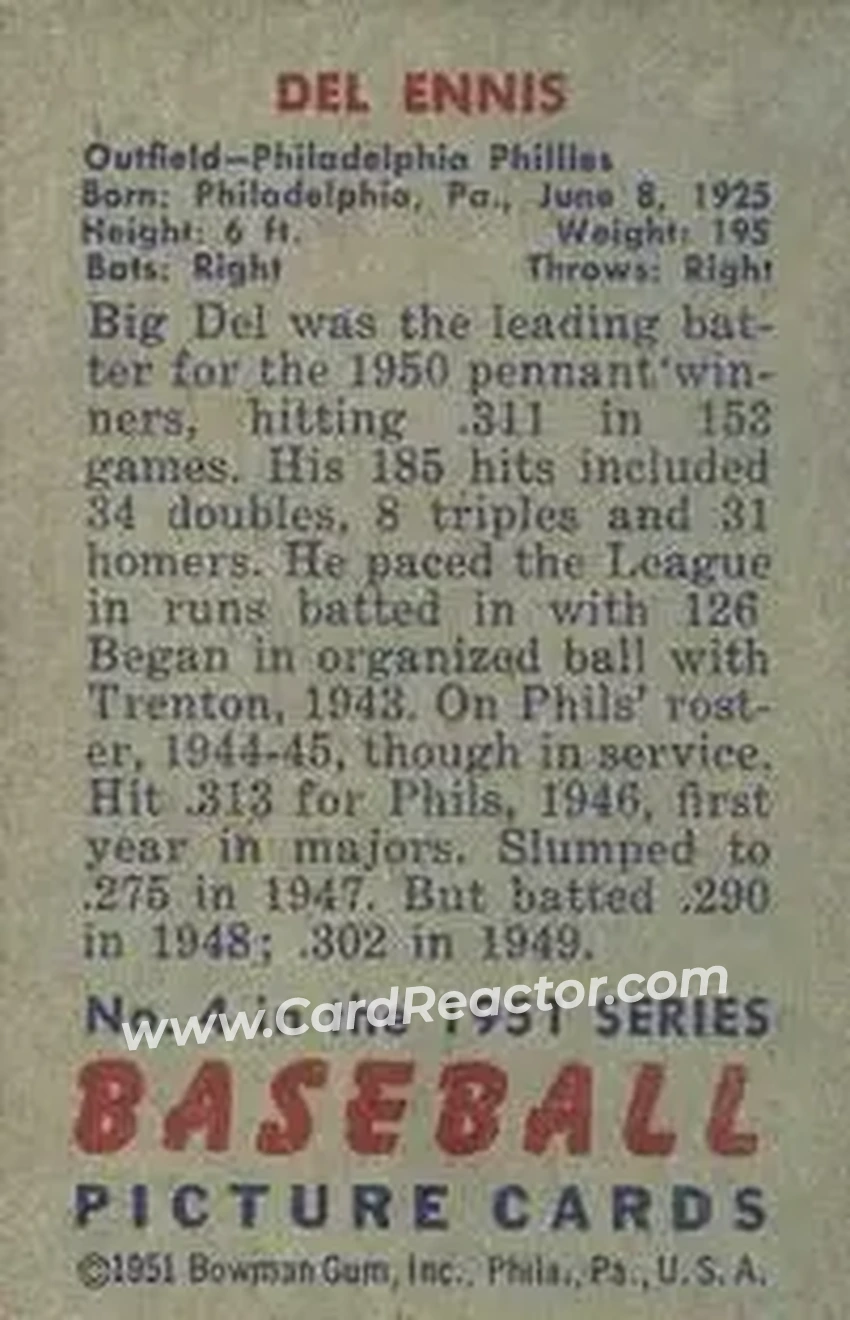 1951 Bowman #4 - Del Ennis - Philadelphia Phillies - Back 1951 Bowman #4 - Del Ennis - Philadelphia Phillies - Back
