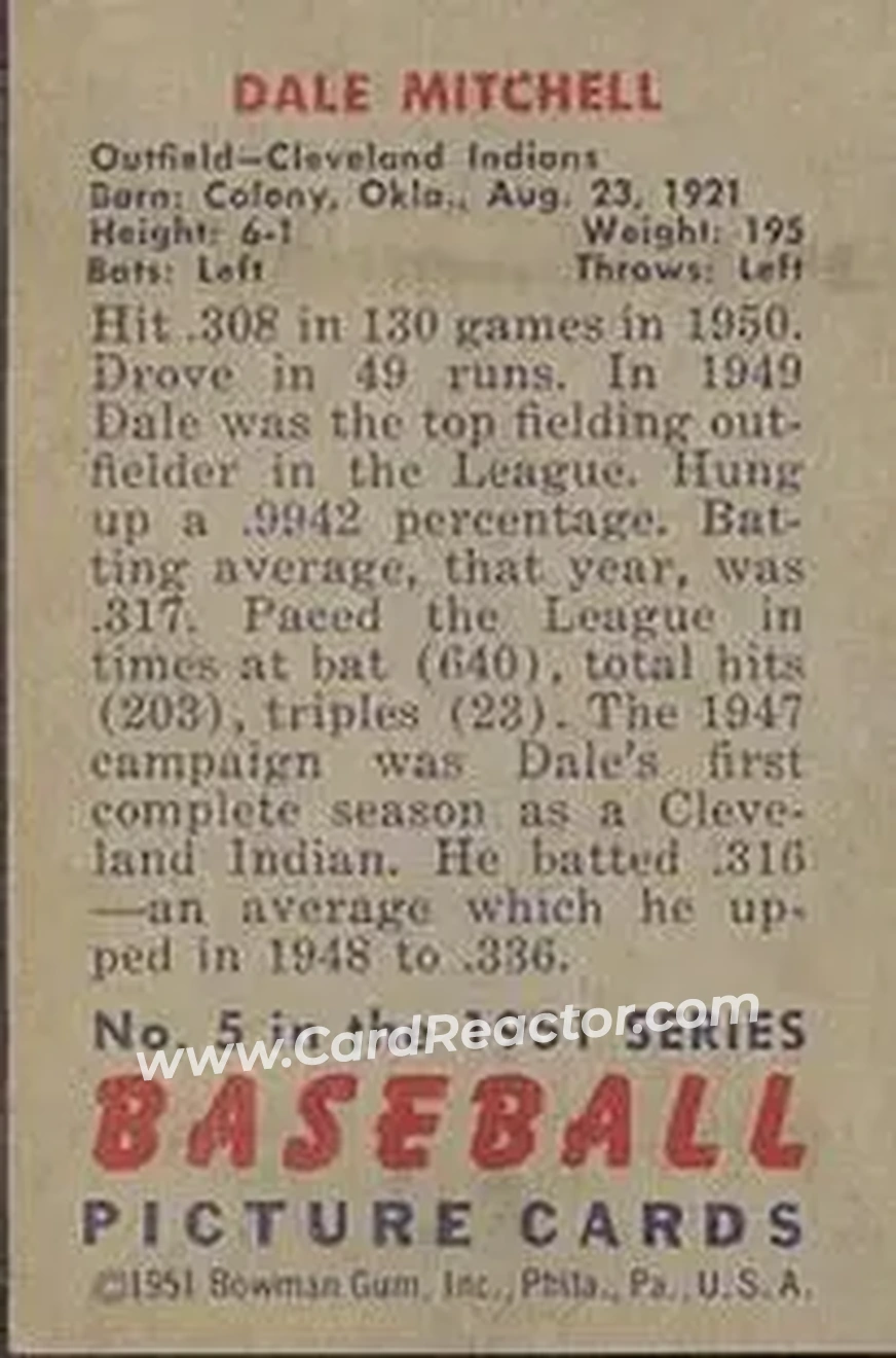 1951 Bowman #5 - Dale Mitchell - Cleveland Indians - Back
