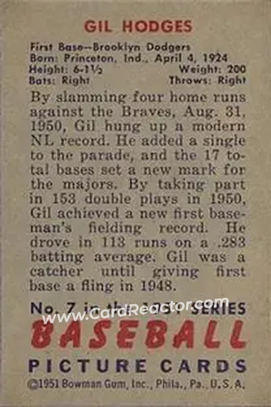 1951 Bowman #7 - Gil Hodges - Brooklyn Dodgers - Back