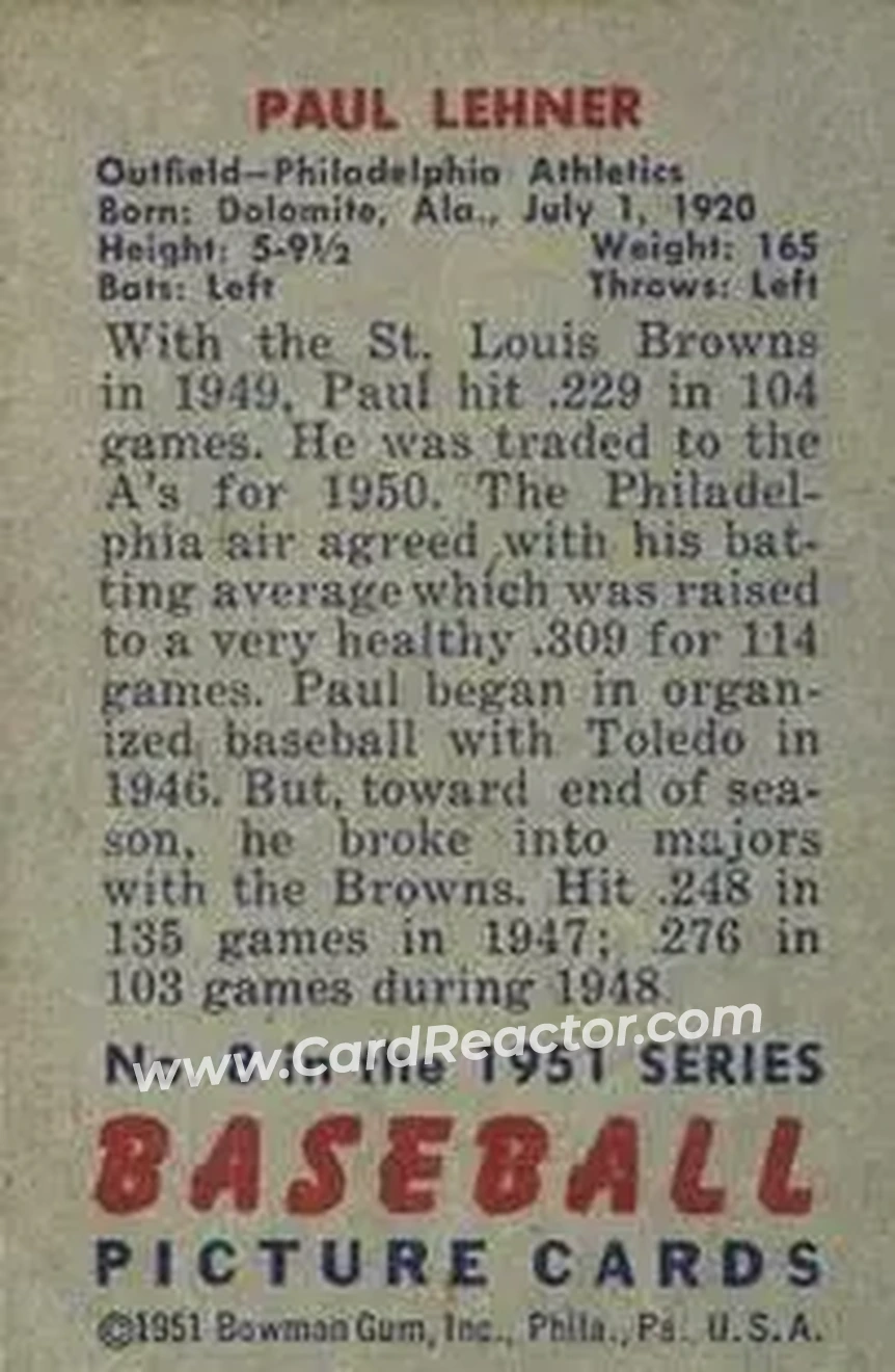 1951 Bowman #8 - Paul Lehner - Philadelphia Athletics - Back