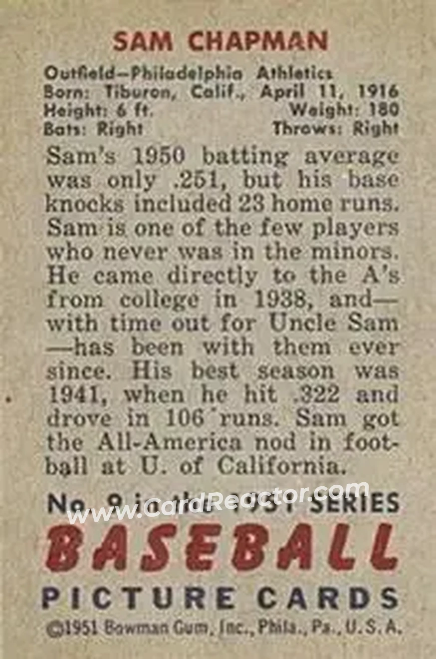 1951 Bowman #9 - Sam Chapman - Philadelphia Athletics - Back
