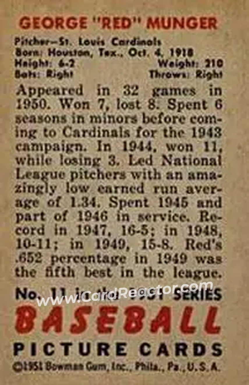 1951 Bowman #11 - George Munger - St. Louis Cardinals - Back