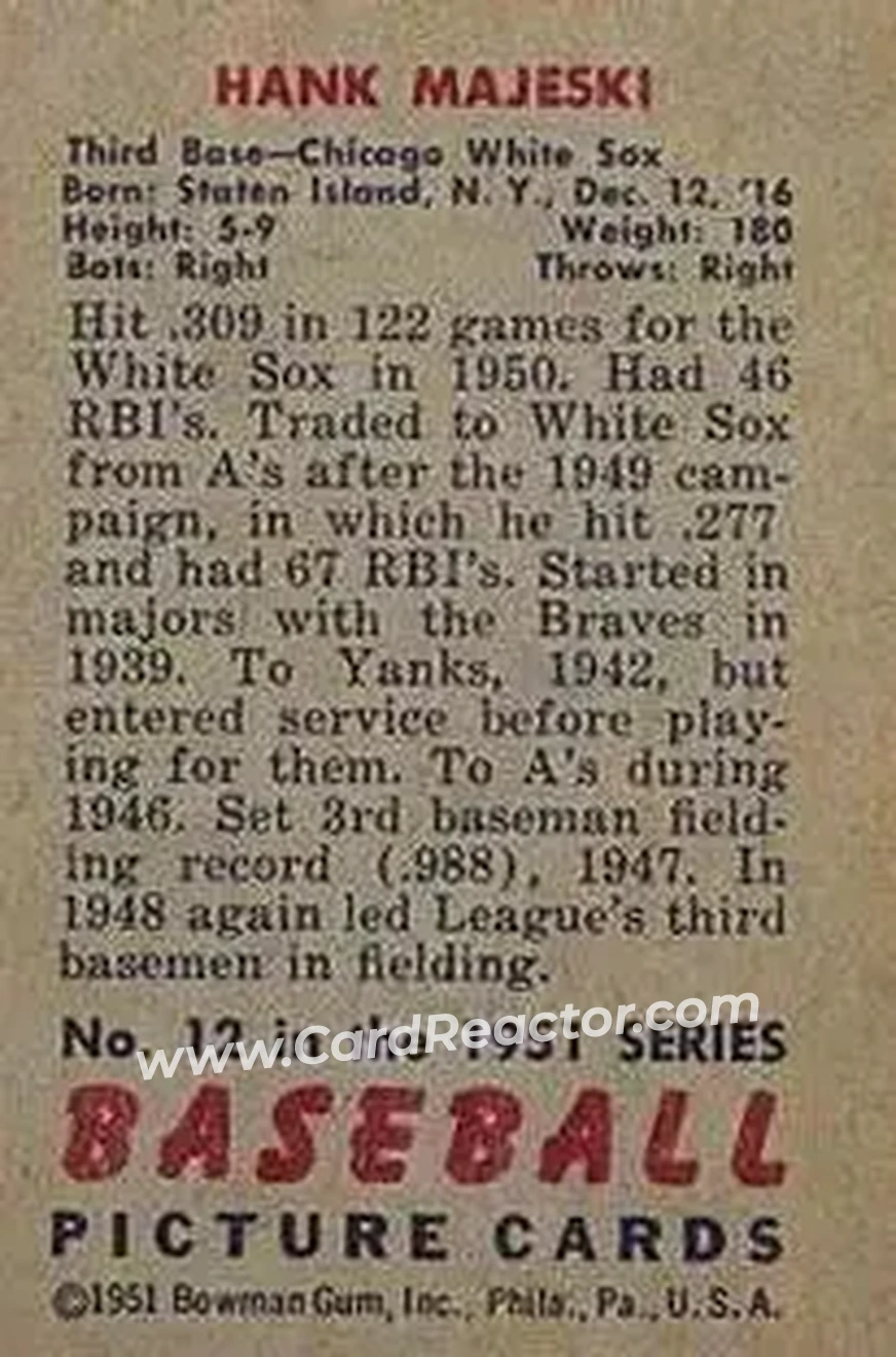 1951 Bowman #12 - Hank Majeski - Chicago White Sox - Back