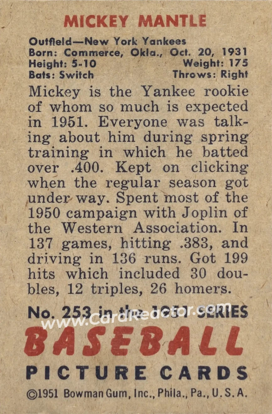 1951 Bowman #253 - Mickey Mantle - New York Yankees - Back 1951 Bowman #253 - Mickey Mantle - New York Yankees - Back
